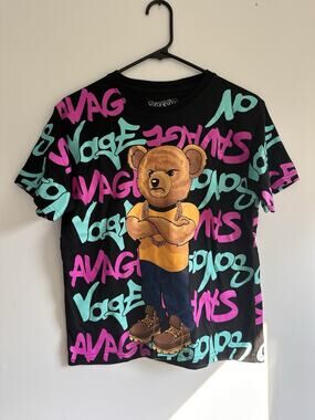 Fresh Laundry Savage Bear Shirt Youth Size L Black Hype Spell out AOP